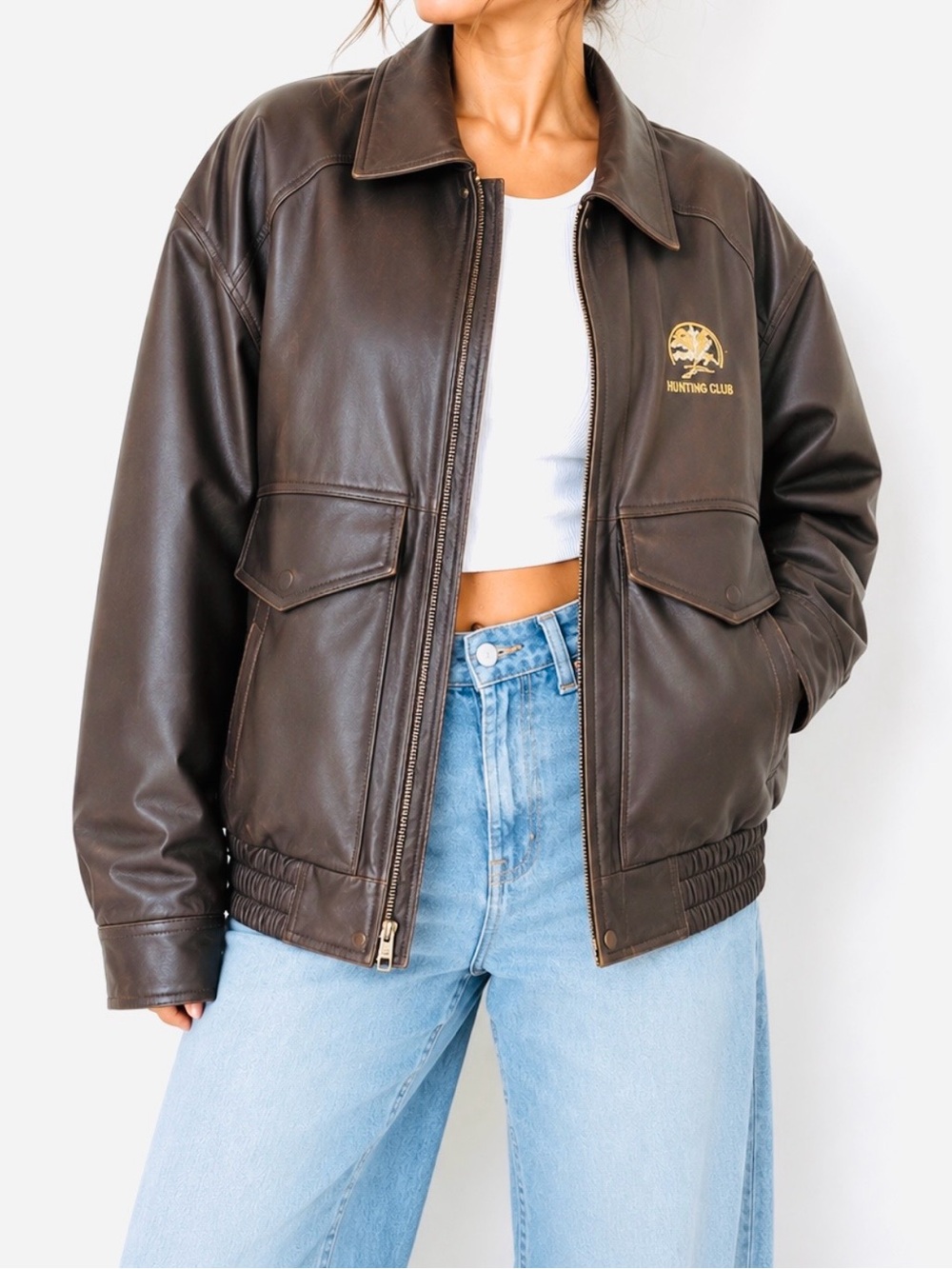 Vintage Hunting Club Brown Leather Bomber Jacket Oversized